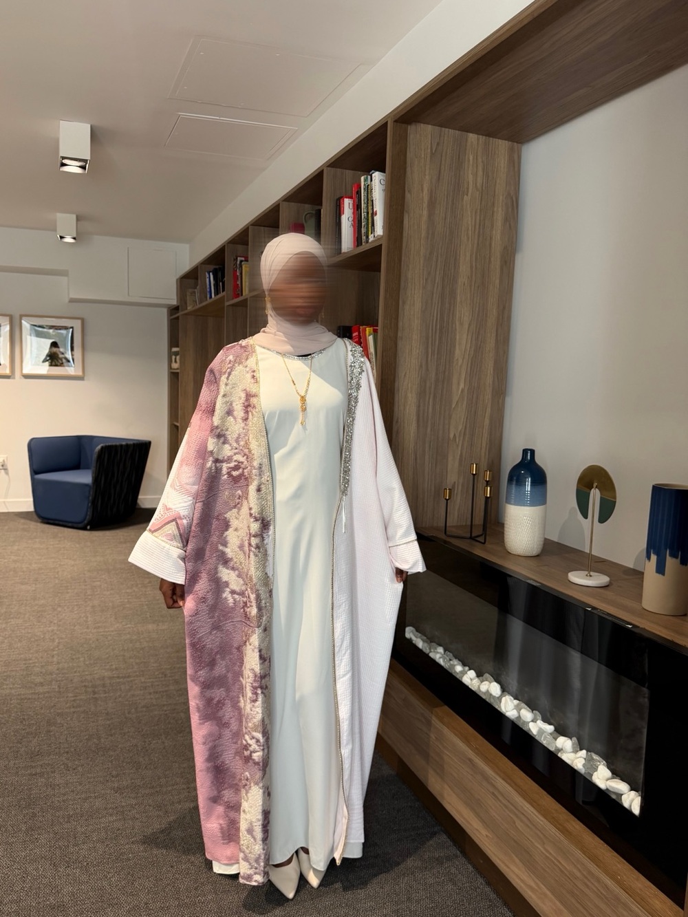 Pink & Cream Long Open Abaya - Modest Layered Maxi Dress